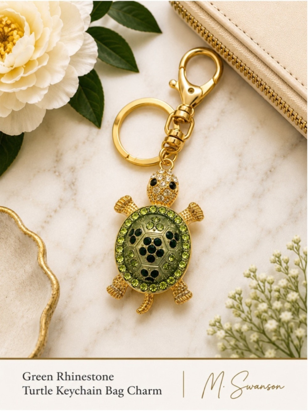 NEW Green Rhinestone Turtle Keychain Bag Charm | Gold Tone Sea Turtle Charm